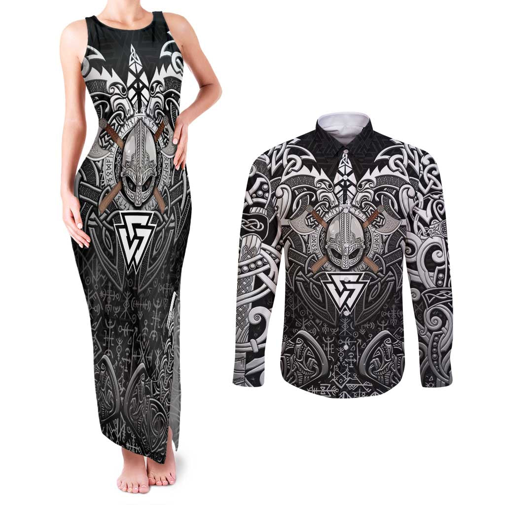 Scandinavian Viking Couples Matching Tank Maxi Dress and Long Sleeve Button Shirt Norse Warrior Sigil - Helmet and Battle Axes