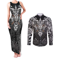 Scandinavian Viking Couples Matching Tank Maxi Dress and Long Sleeve Button Shirt Norse Warrior Sigil - Helmet and Battle Axes