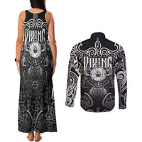 Scandinavian Viking Couples Matching Tank Maxi Dress and Long Sleeve Button Shirt Norse Warrior Sigil - Helmet and Battle Axes