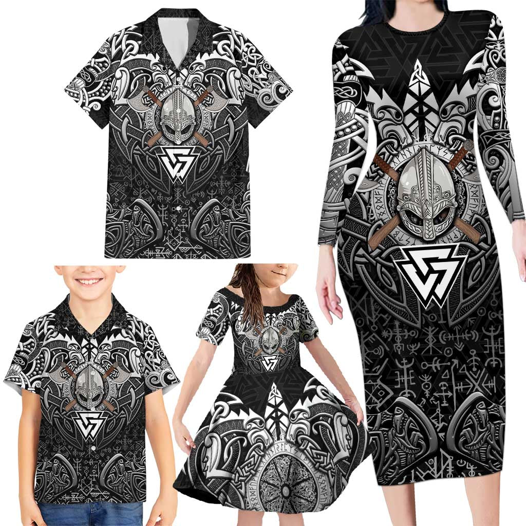 Scandinavian Viking Family Matching Long Sleeve Bodycon Dress and Hawaiian Shirt Norse Warrior Sigil - Helmet and Battle Axes