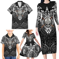 Scandinavian Viking Family Matching Long Sleeve Bodycon Dress and Hawaiian Shirt Norse Warrior Sigil - Helmet and Battle Axes