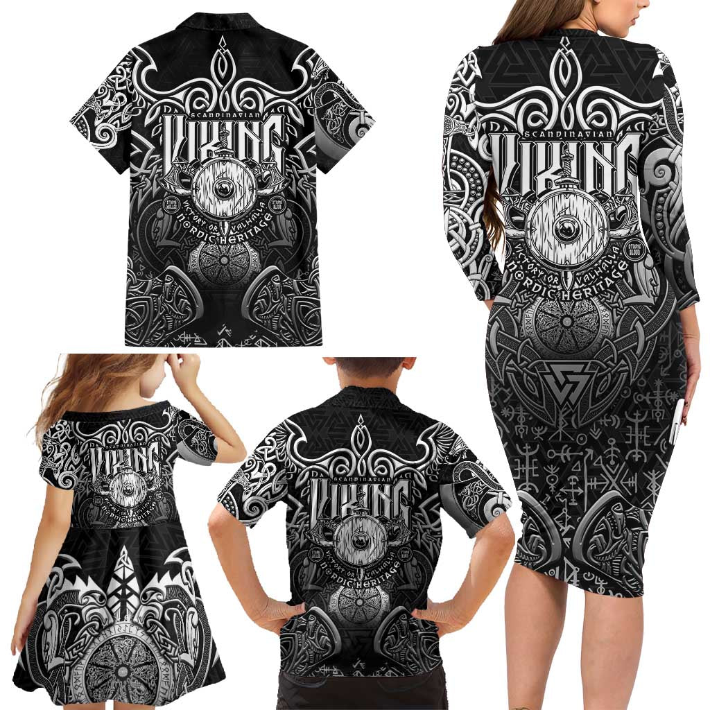 Scandinavian Viking Family Matching Long Sleeve Bodycon Dress and Hawaiian Shirt Norse Warrior Sigil - Helmet and Battle Axes