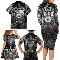 Scandinavian Viking Family Matching Long Sleeve Bodycon Dress and Hawaiian Shirt Norse Warrior Sigil - Helmet and Battle Axes