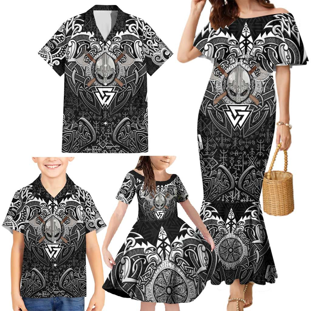 Scandinavian Viking Family Matching Mermaid Dress and Hawaiian Shirt Norse Warrior Sigil - Helmet and Battle Axes