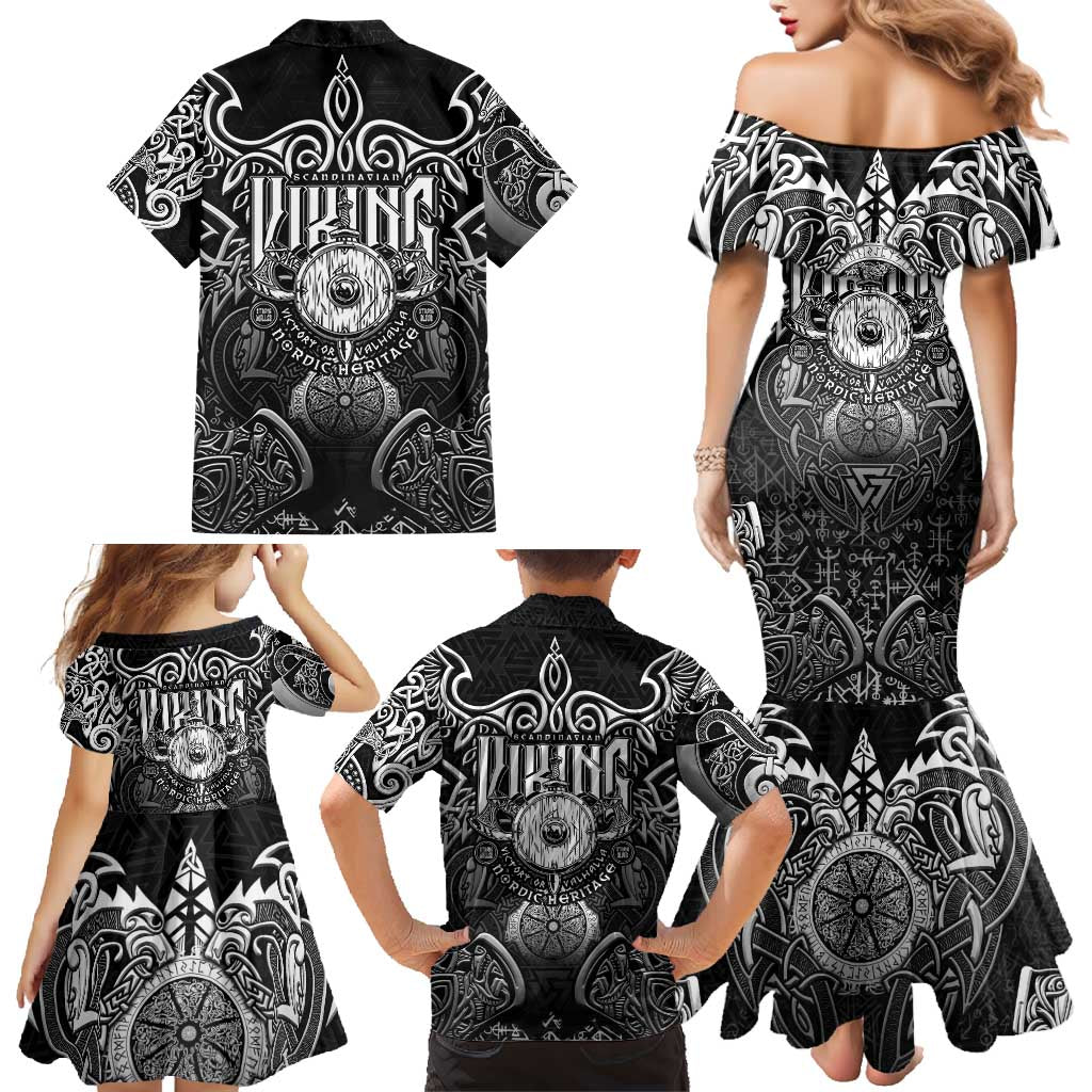 Scandinavian Viking Family Matching Mermaid Dress and Hawaiian Shirt Norse Warrior Sigil - Helmet and Battle Axes