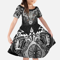 Scandinavian Viking Family Matching Off The Shoulder Long Sleeve Dress and Hawaiian Shirt Norse Warrior Sigil - Helmet and Battle Axes