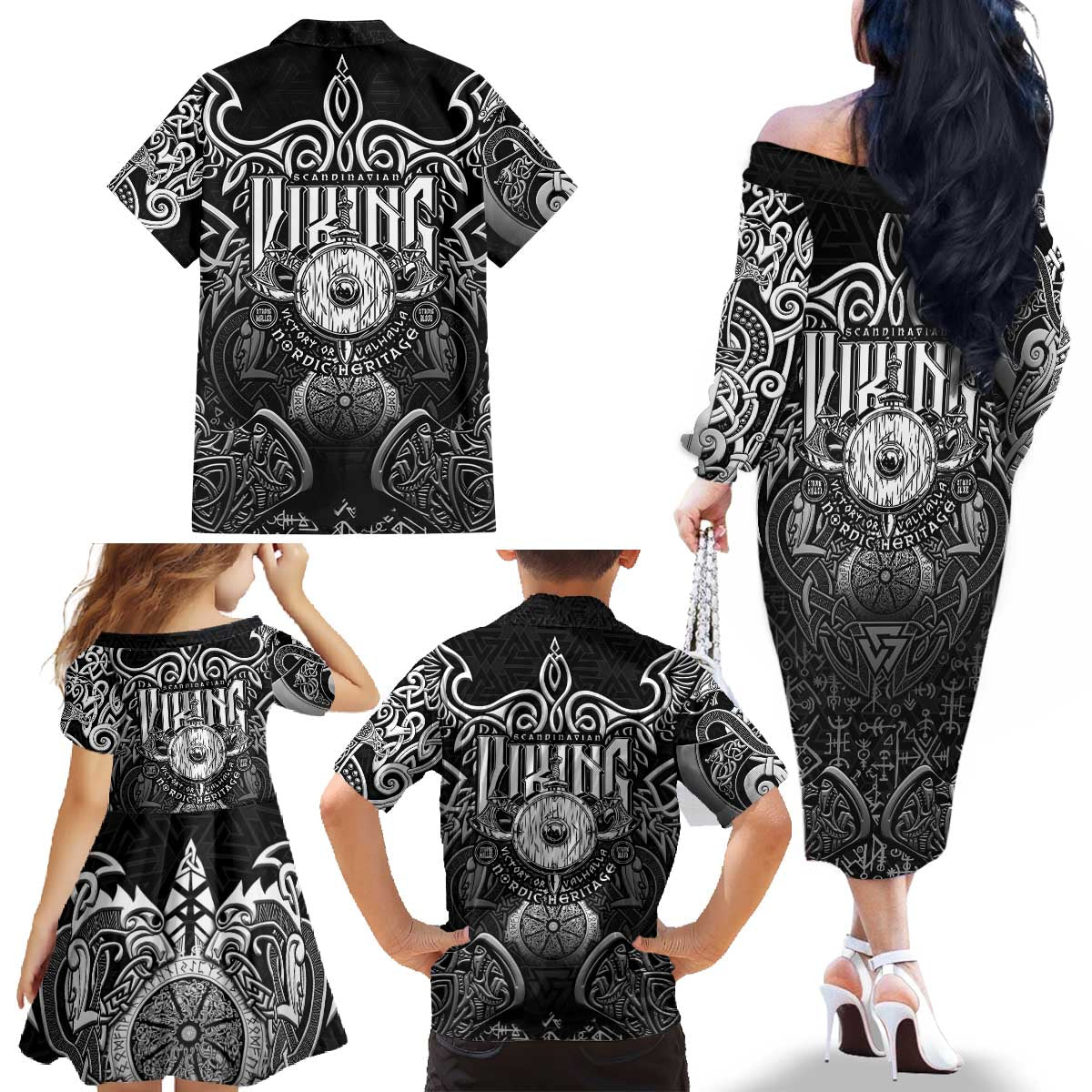 Scandinavian Viking Family Matching Off The Shoulder Long Sleeve Dress and Hawaiian Shirt Norse Warrior Sigil - Helmet and Battle Axes