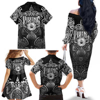 Scandinavian Viking Family Matching Off The Shoulder Long Sleeve Dress and Hawaiian Shirt Norse Warrior Sigil - Helmet and Battle Axes