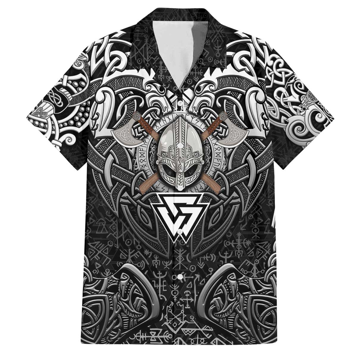 Scandinavian Viking Family Matching Off The Shoulder Long Sleeve Dress and Hawaiian Shirt Norse Warrior Sigil - Helmet and Battle Axes