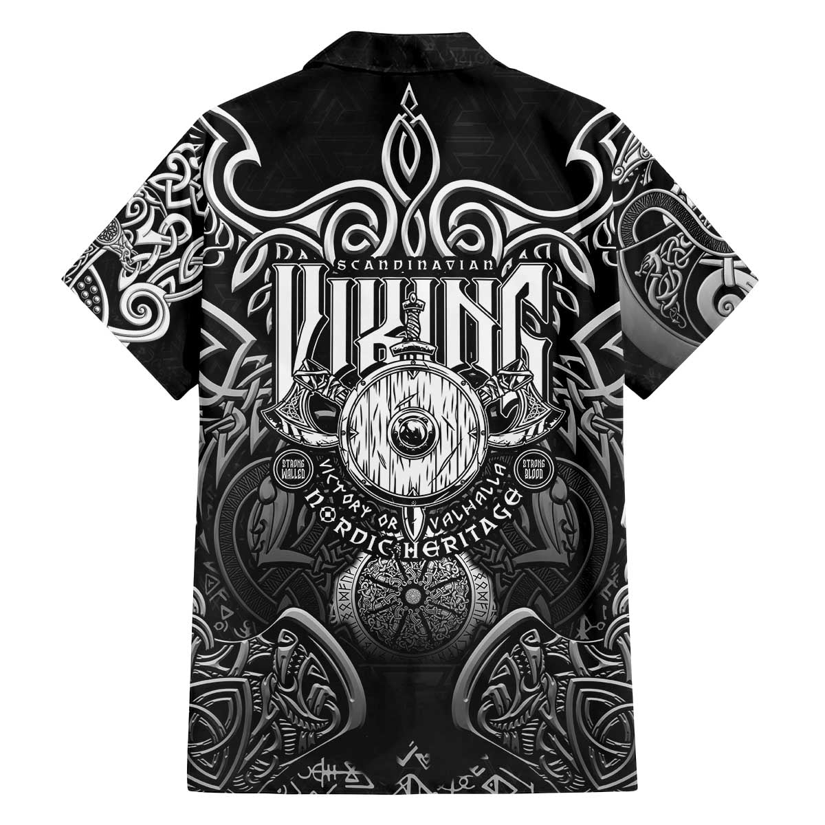 Scandinavian Viking Family Matching Off The Shoulder Long Sleeve Dress and Hawaiian Shirt Norse Warrior Sigil - Helmet and Battle Axes