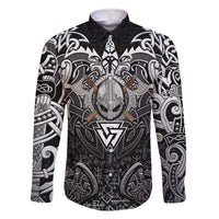 Scandinavian Viking Family Matching Off The Shoulder Long Sleeve Dress and Hawaiian Shirt Norse Warrior Sigil - Helmet and Battle Axes