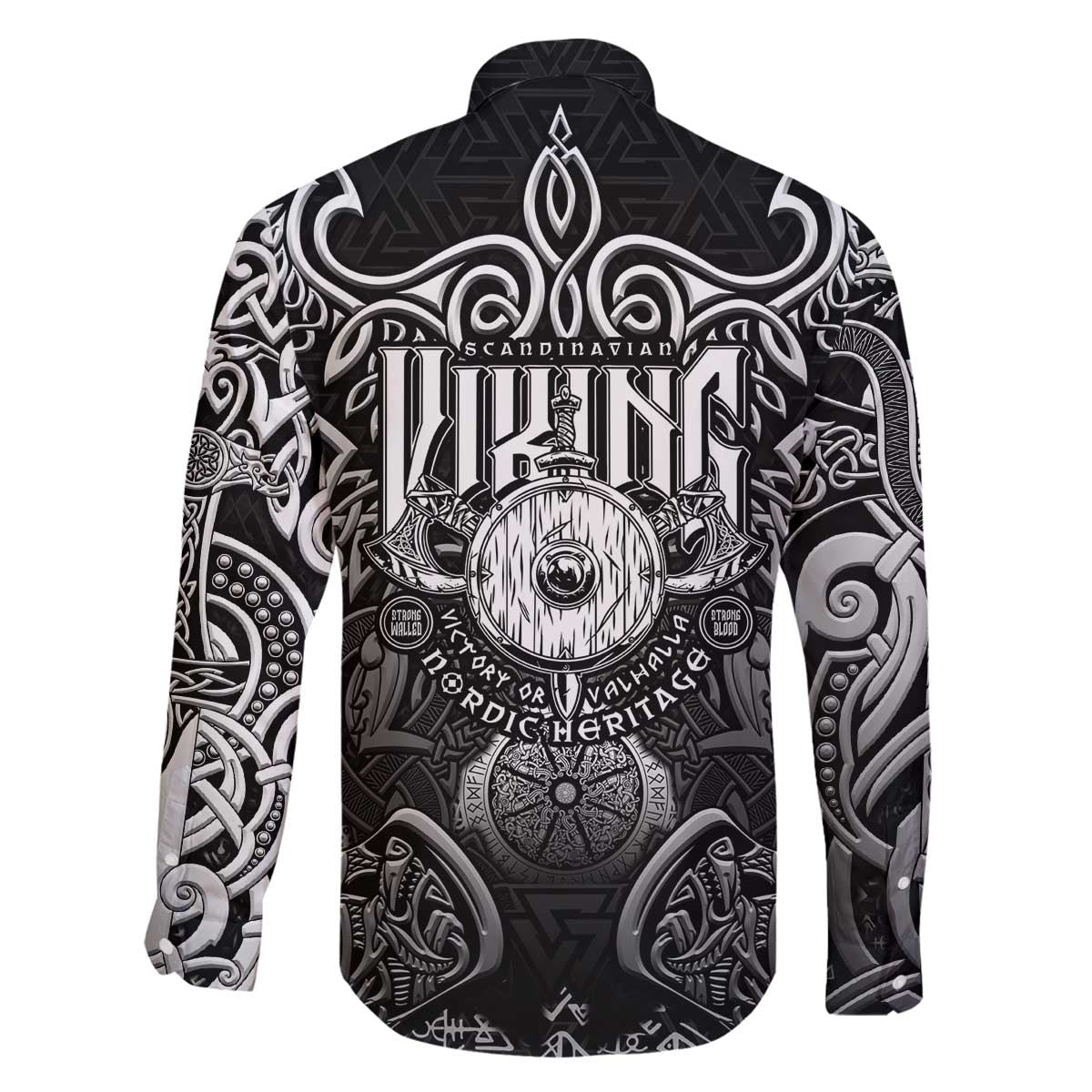 Scandinavian Viking Family Matching Off The Shoulder Long Sleeve Dress and Hawaiian Shirt Norse Warrior Sigil - Helmet and Battle Axes