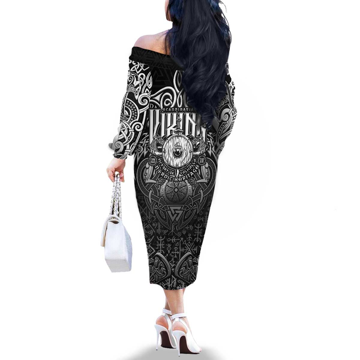 Scandinavian Viking Family Matching Off The Shoulder Long Sleeve Dress and Hawaiian Shirt Norse Warrior Sigil - Helmet and Battle Axes