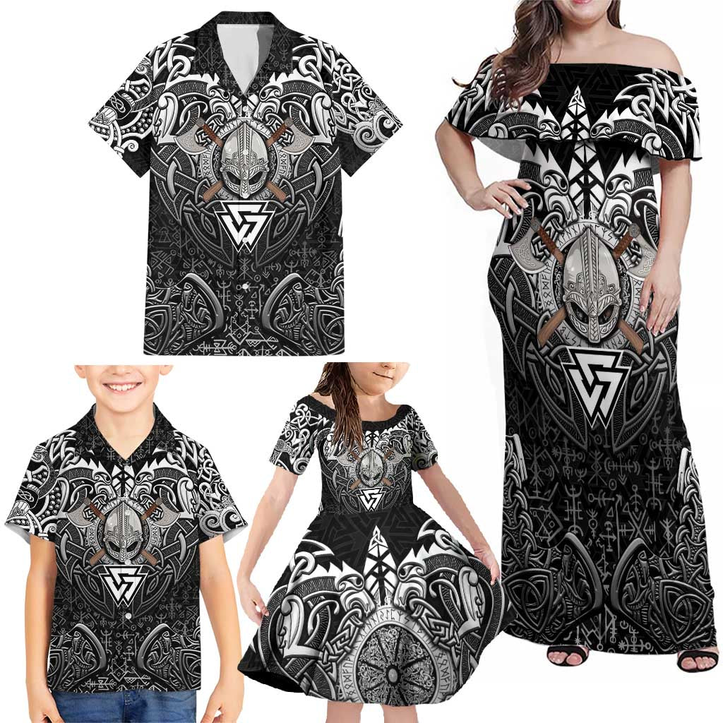 Scandinavian Viking Family Matching Off Shoulder Maxi Dress and Hawaiian Shirt Norse Warrior Sigil - Helmet and Battle Axes