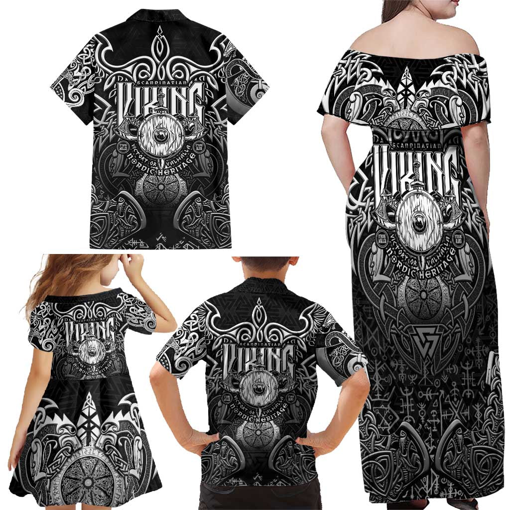 Scandinavian Viking Family Matching Off Shoulder Maxi Dress and Hawaiian Shirt Norse Warrior Sigil - Helmet and Battle Axes