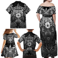 Scandinavian Viking Family Matching Off Shoulder Maxi Dress and Hawaiian Shirt Norse Warrior Sigil - Helmet and Battle Axes
