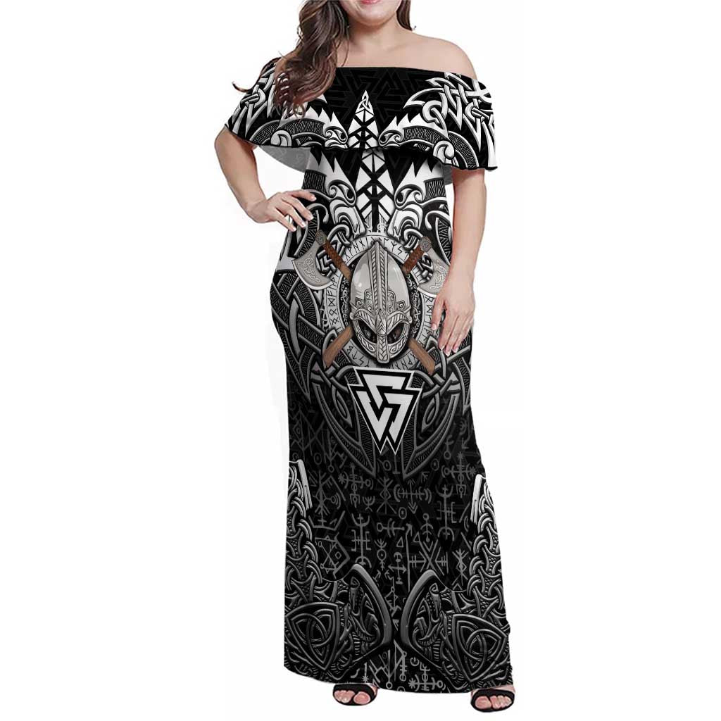 Scandinavian Viking Family Matching Off Shoulder Maxi Dress and Hawaiian Shirt Norse Warrior Sigil - Helmet and Battle Axes