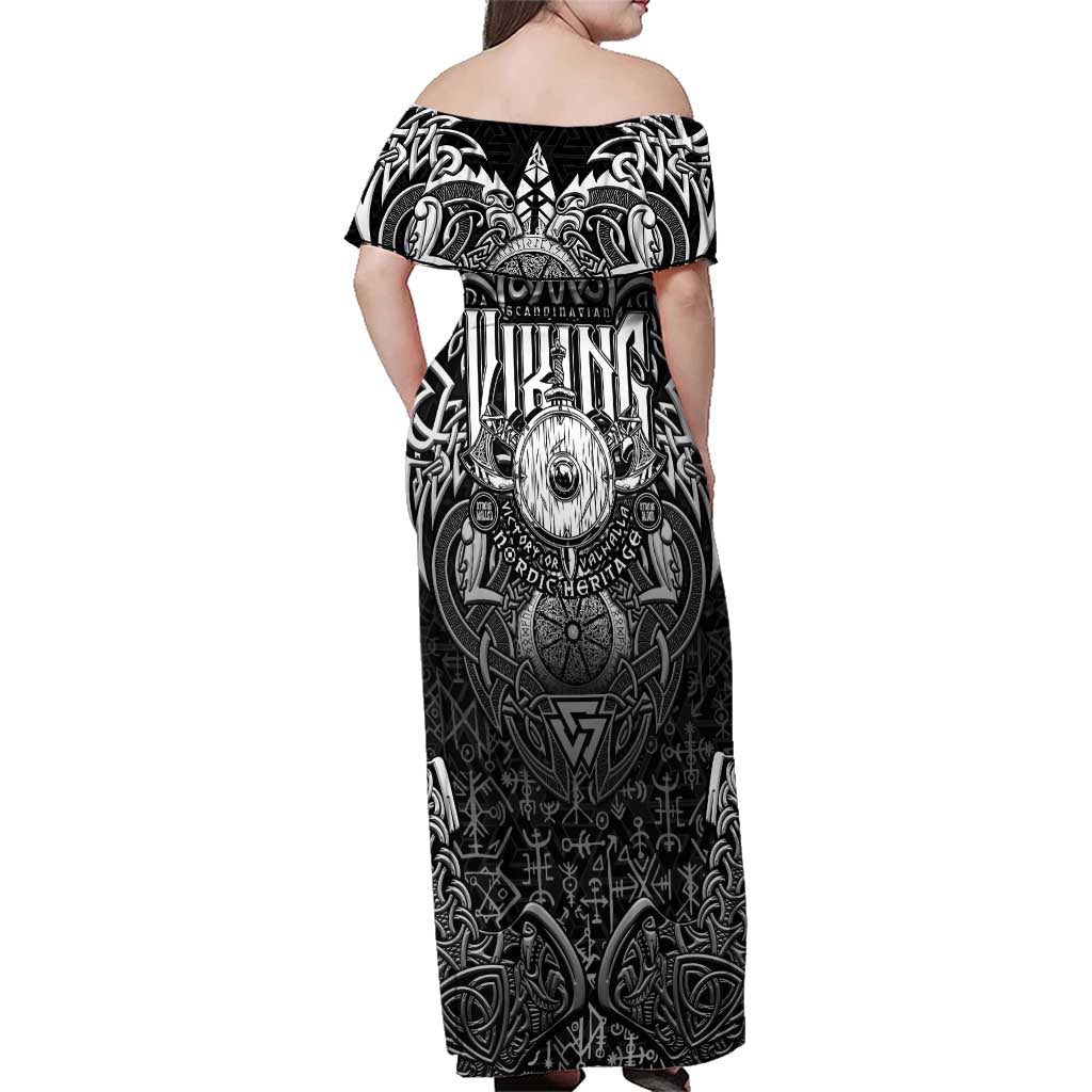 Scandinavian Viking Family Matching Off Shoulder Maxi Dress and Hawaiian Shirt Norse Warrior Sigil - Helmet and Battle Axes