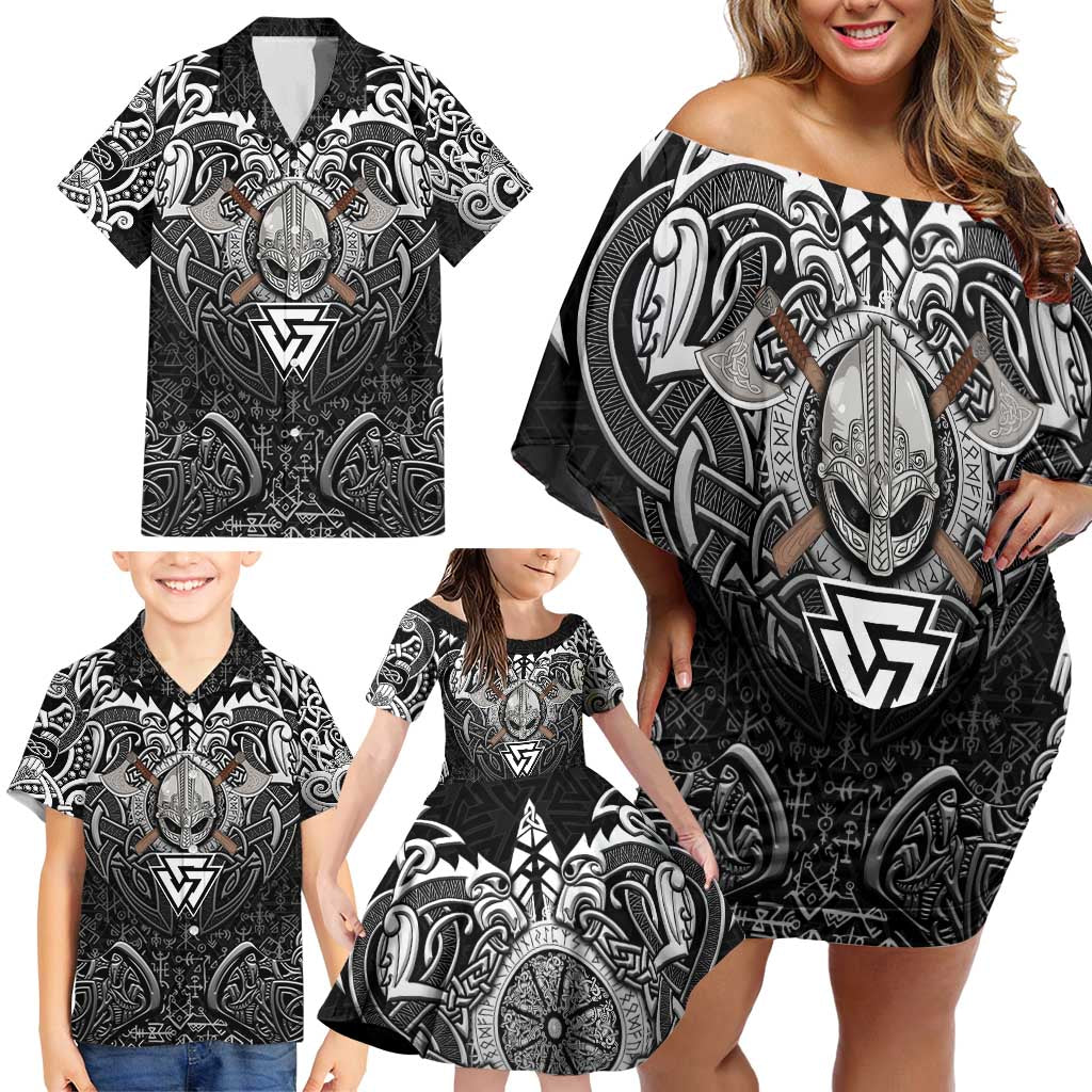 Scandinavian Viking Family Matching Off Shoulder Short Dress and Hawaiian Shirt Norse Warrior Sigil - Helmet and Battle Axes