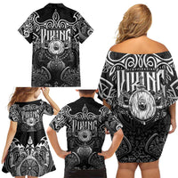 Scandinavian Viking Family Matching Off Shoulder Short Dress and Hawaiian Shirt Norse Warrior Sigil - Helmet and Battle Axes