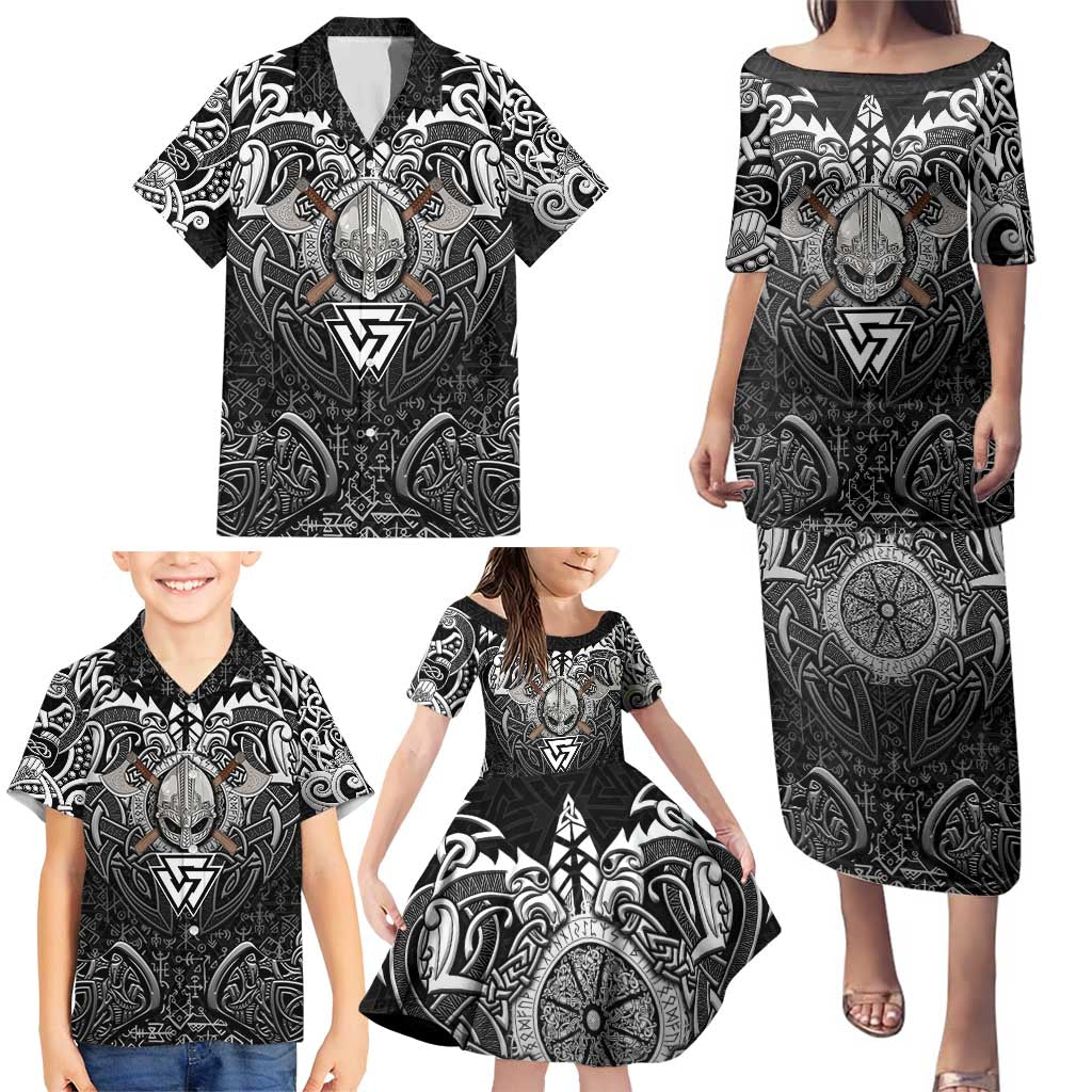Scandinavian Viking Family Matching Puletasi and Hawaiian Shirt Norse Warrior Sigil - Helmet and Battle Axes