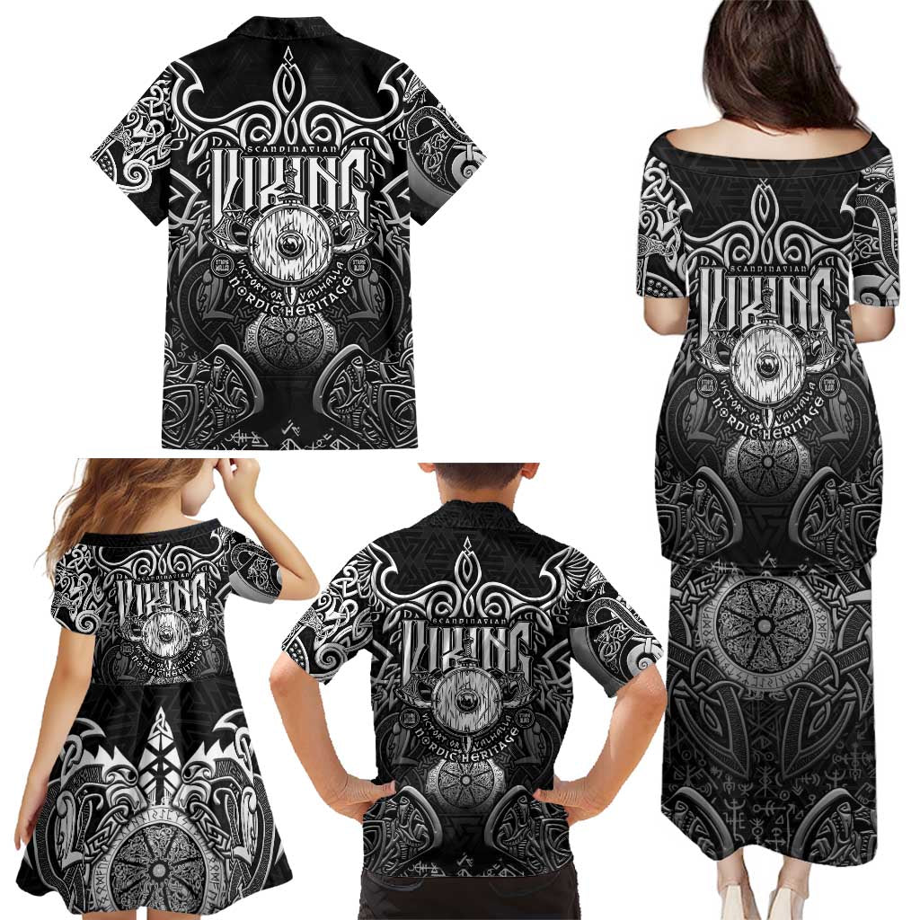 Scandinavian Viking Family Matching Puletasi and Hawaiian Shirt Norse Warrior Sigil - Helmet and Battle Axes