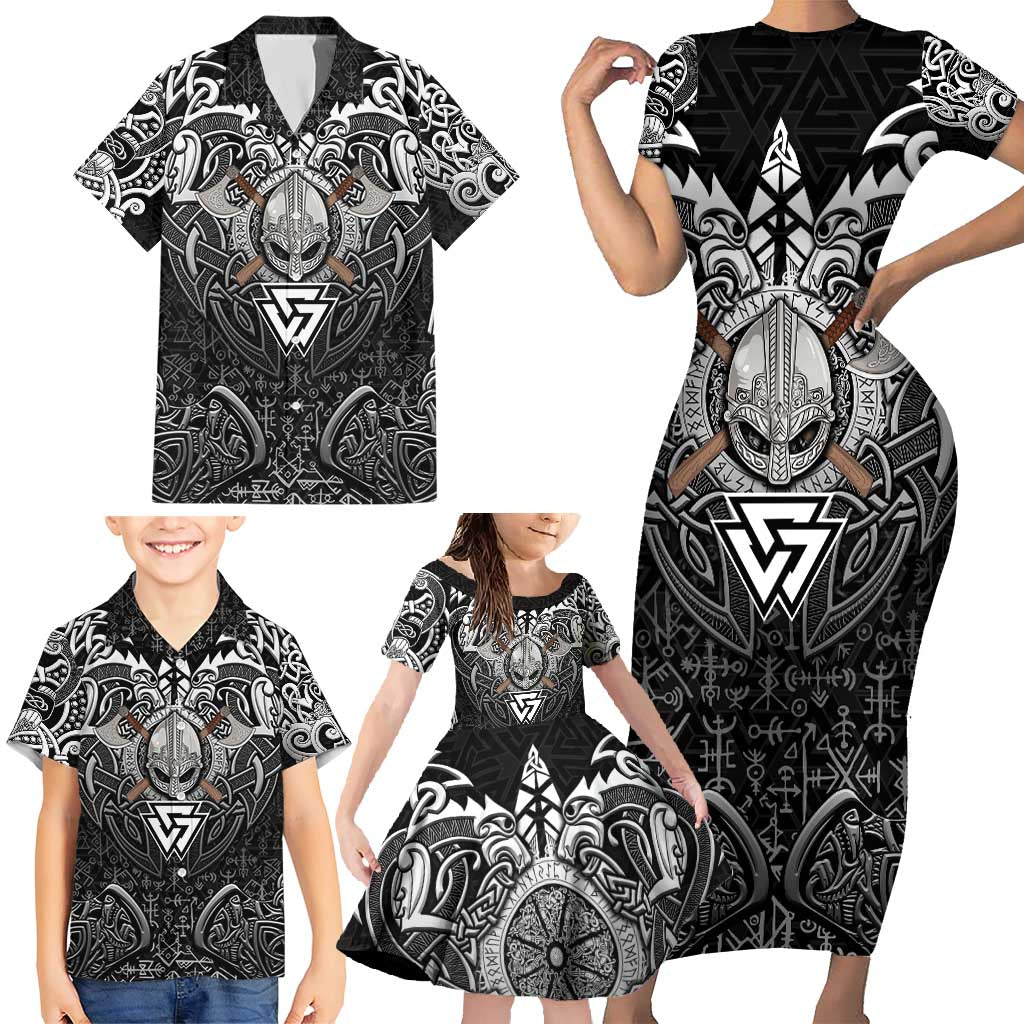 Scandinavian Viking Family Matching Short Sleeve Bodycon Dress and Hawaiian Shirt Norse Warrior Sigil - Helmet and Battle Axes