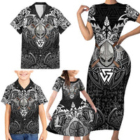 Scandinavian Viking Family Matching Short Sleeve Bodycon Dress and Hawaiian Shirt Norse Warrior Sigil - Helmet and Battle Axes