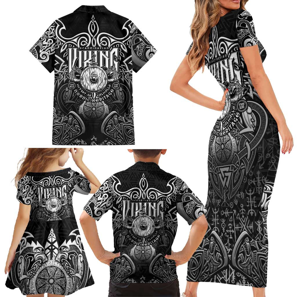 Scandinavian Viking Family Matching Short Sleeve Bodycon Dress and Hawaiian Shirt Norse Warrior Sigil - Helmet and Battle Axes