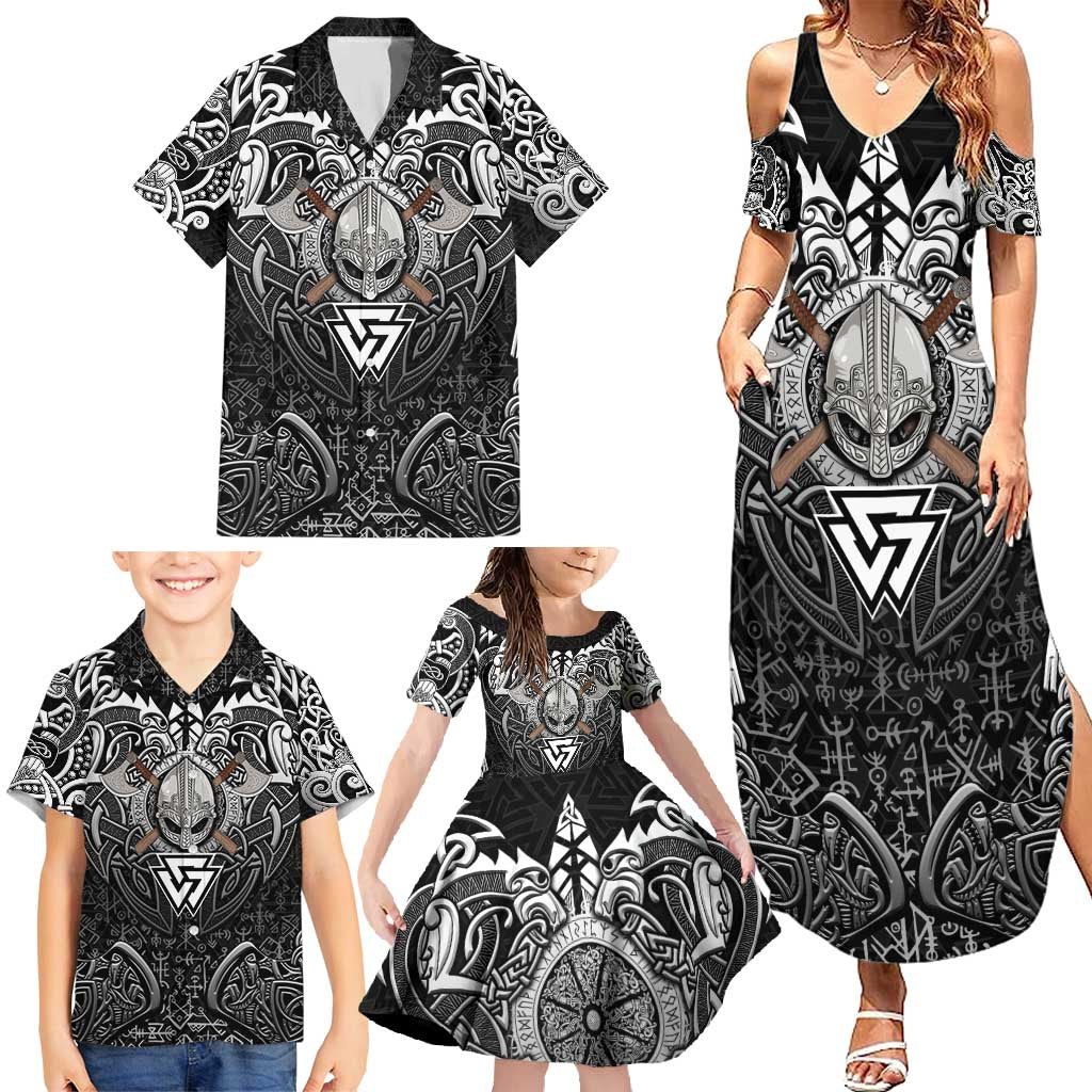 Scandinavian Viking Family Matching Summer Maxi Dress and Hawaiian Shirt Norse Warrior Sigil - Helmet and Battle Axes