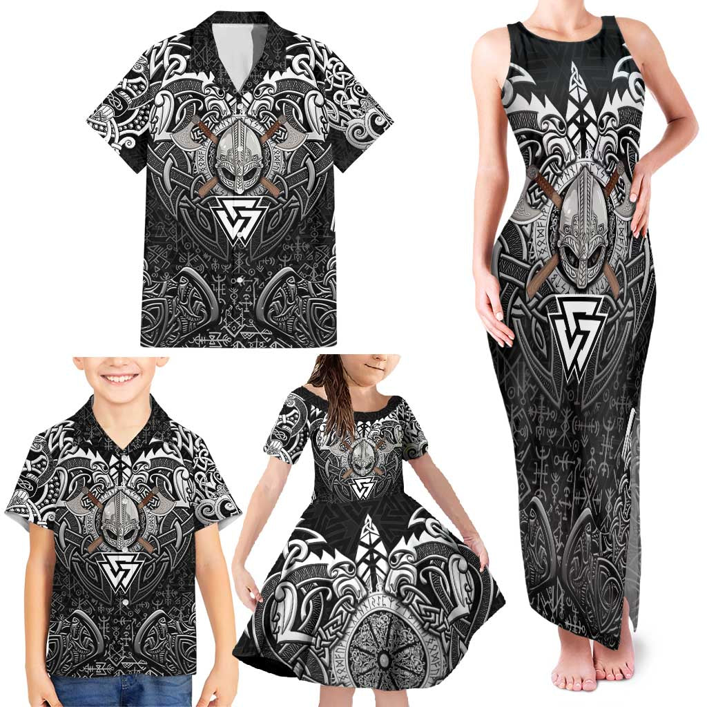 Scandinavian Viking Family Matching Tank Maxi Dress and Hawaiian Shirt Norse Warrior Sigil - Helmet and Battle Axes