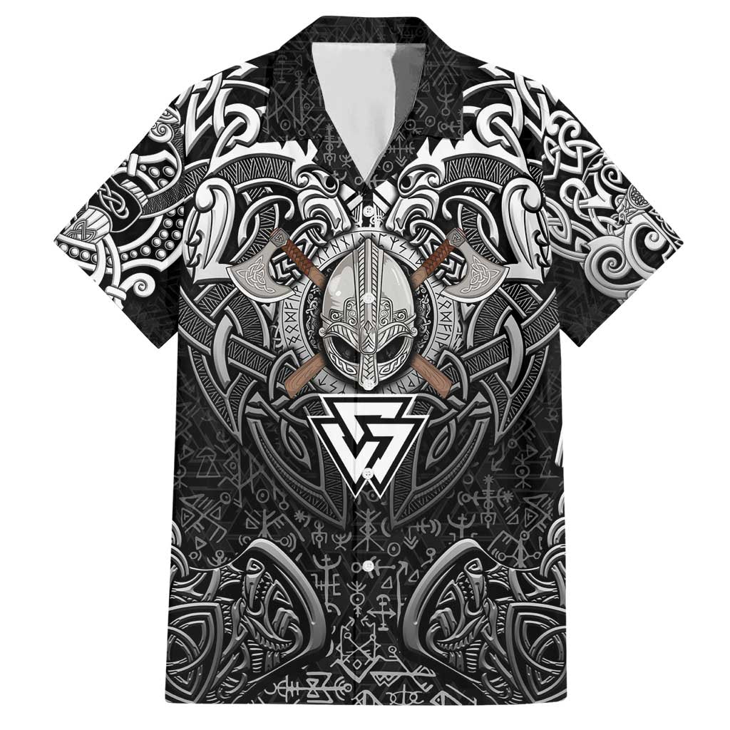 Scandinavian Viking Hawaiian Shirt Norse Warrior Sigil - Helmet and Battle Axes