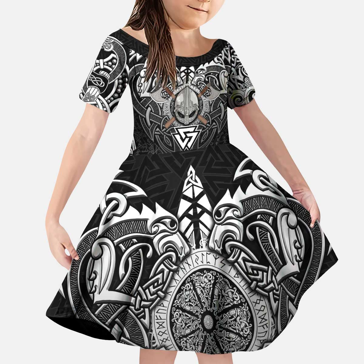 Scandinavian Viking Kid Short Sleeve Dress Norse Warrior Sigil - Helmet and Battle Axes
