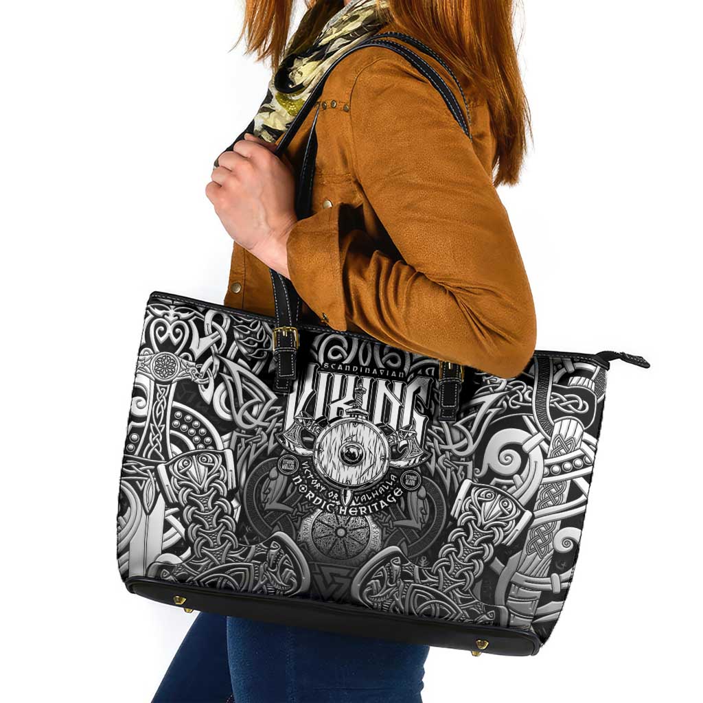 Scandinavian Viking Leather Tote Bag Norse Warrior Sigil - Helmet and Battle Axes