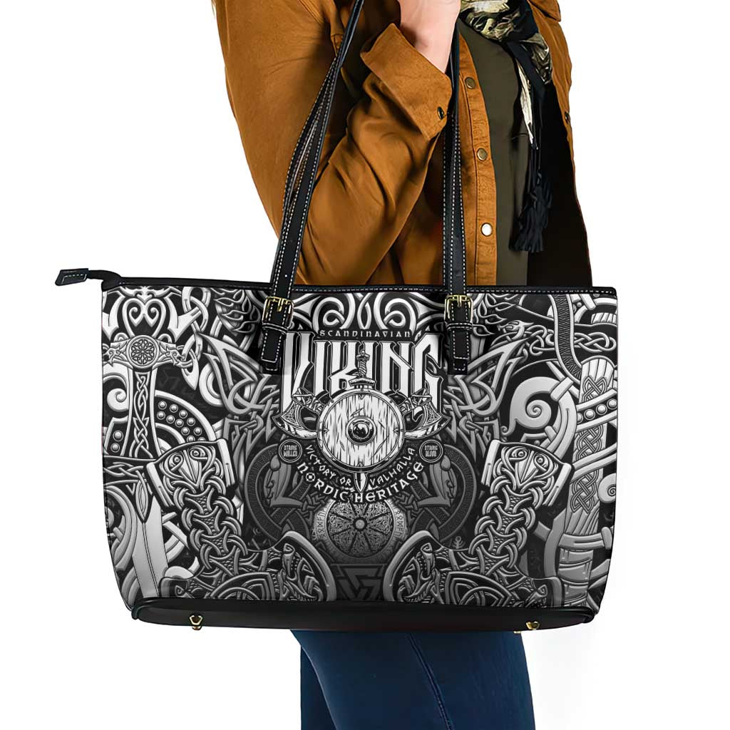 Scandinavian Viking Leather Tote Bag Norse Warrior Sigil - Helmet and Battle Axes