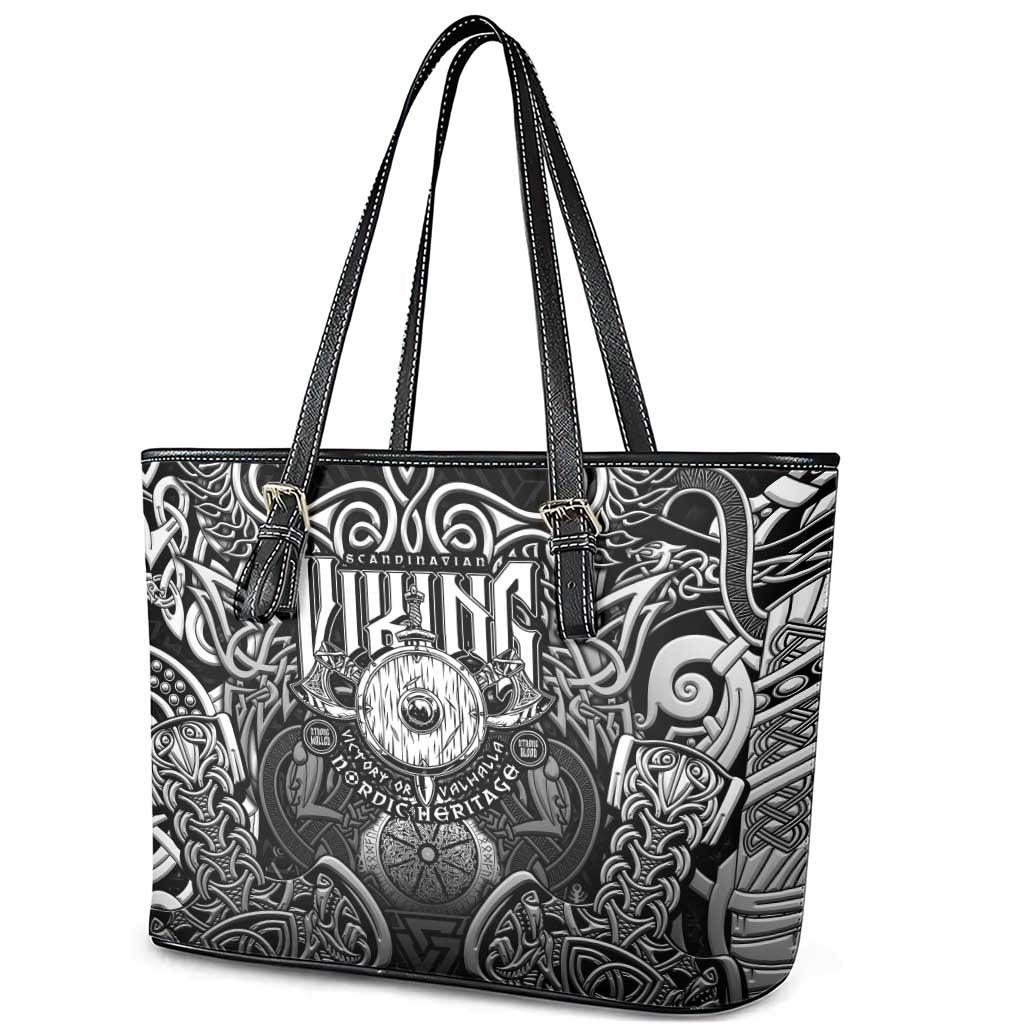 Scandinavian Viking Leather Tote Bag Norse Warrior Sigil - Helmet and Battle Axes