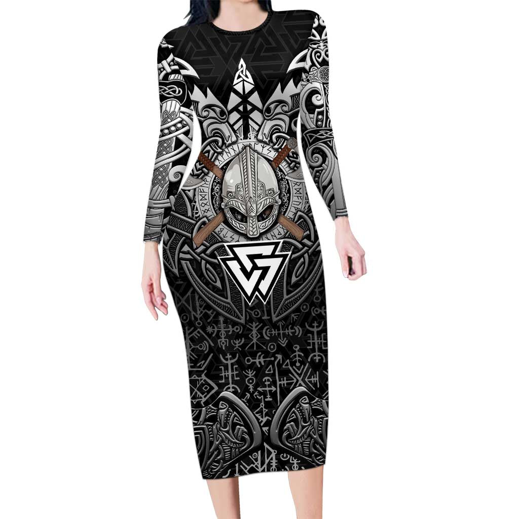 Scandinavian Viking Long Sleeve Bodycon Dress Norse Warrior Sigil - Helmet and Battle Axes