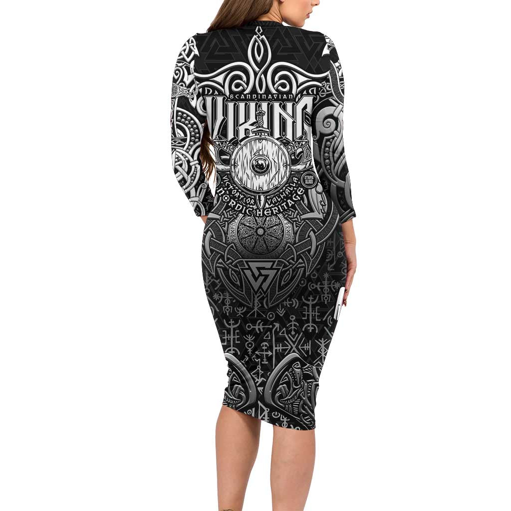 Scandinavian Viking Long Sleeve Bodycon Dress Norse Warrior Sigil - Helmet and Battle Axes