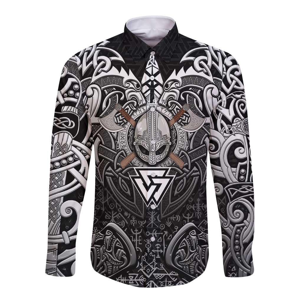 Scandinavian Viking Long Sleeve Button Shirt Norse Warrior Sigil - Helmet and Battle Axes