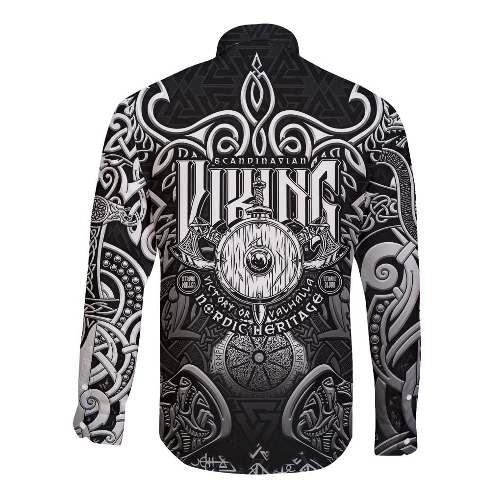 Scandinavian Viking Long Sleeve Button Shirt Norse Warrior Sigil - Helmet and Battle Axes