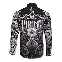 Scandinavian Viking Long Sleeve Button Shirt Norse Warrior Sigil - Helmet and Battle Axes