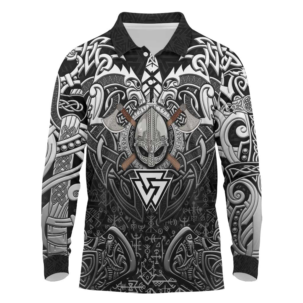 Scandinavian Viking Long Sleeve Polo Shirt Norse Warrior Sigil - Helmet and Battle Axes