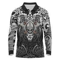 Scandinavian Viking Long Sleeve Polo Shirt Norse Warrior Sigil - Helmet and Battle Axes