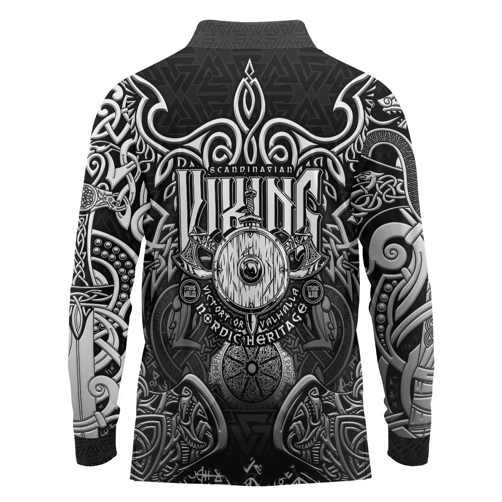 Scandinavian Viking Long Sleeve Polo Shirt Norse Warrior Sigil - Helmet and Battle Axes