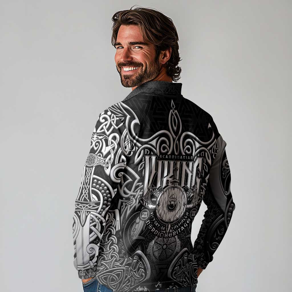 Scandinavian Viking Long Sleeve Polo Shirt Norse Warrior Sigil - Helmet and Battle Axes