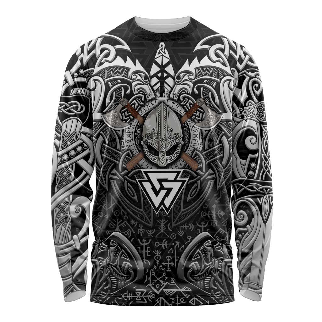 Scandinavian Viking Long Sleeve Shirt Norse Warrior Sigil - Helmet and Battle Axes