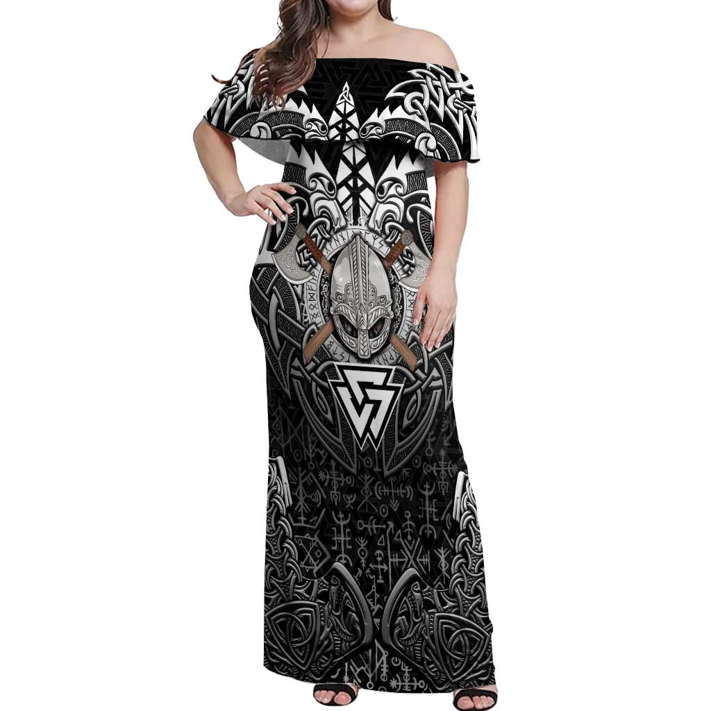 Scandinavian Viking Off Shoulder Maxi Dress Norse Warrior Sigil - Helmet and Battle Axes