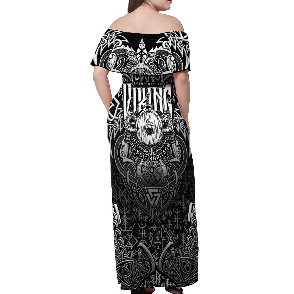 Scandinavian Viking Off Shoulder Maxi Dress Norse Warrior Sigil - Helmet and Battle Axes