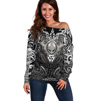 Scandinavian Viking Off Shoulder Sweater Norse Warrior Sigil - Helmet and Battle Axes