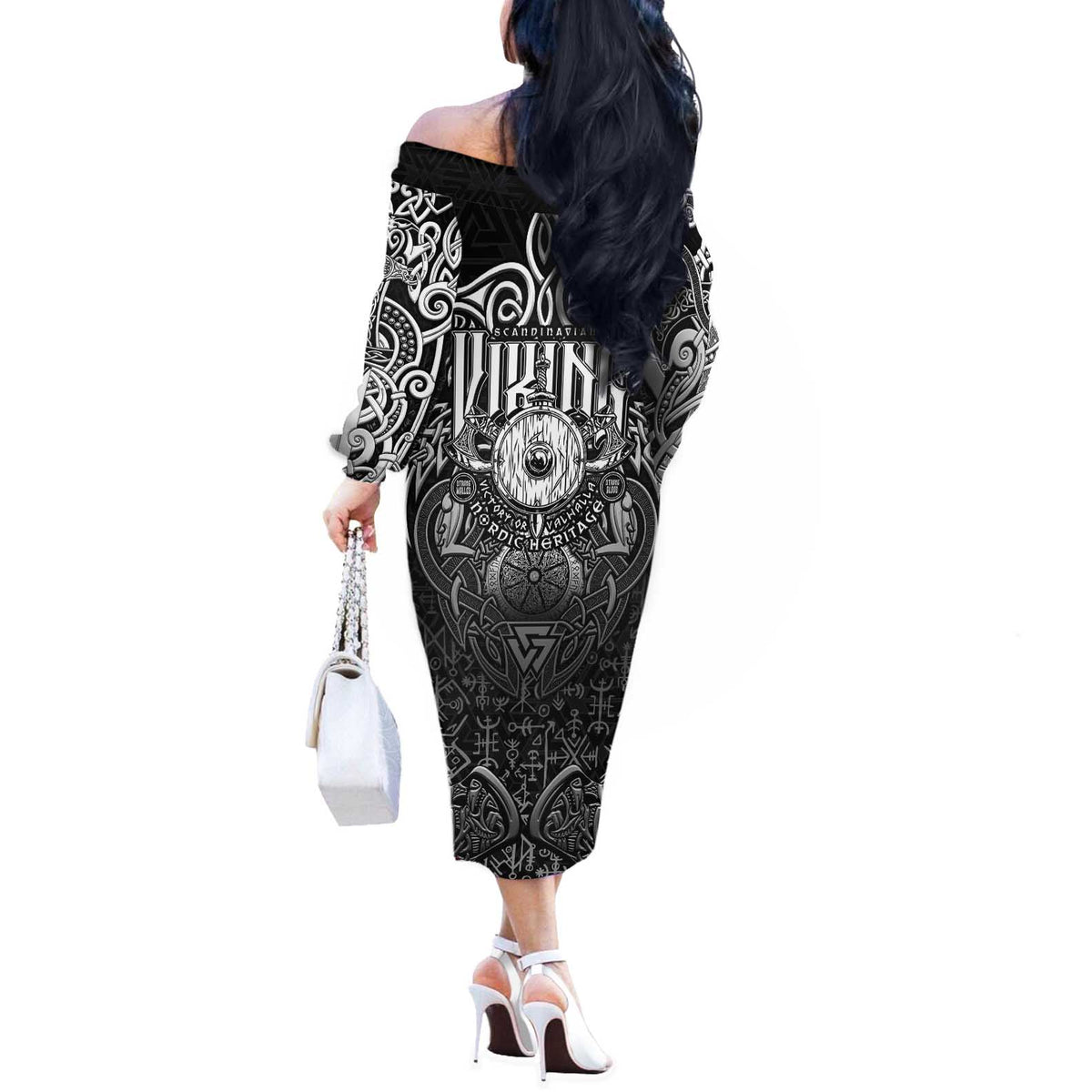 Scandinavian Viking Off The Shoulder Long Sleeve Dress Norse Warrior Sigil - Helmet and Battle Axes